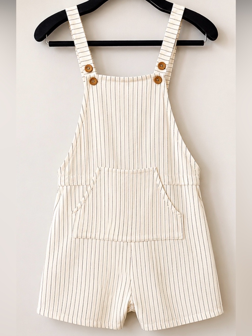 Fantastic Fawn Cream Pinstripe Overalls Romper